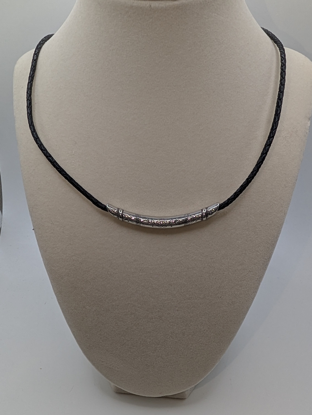 Brighton Black Braided Leather Necklace with Silver Floral Tube Pendant